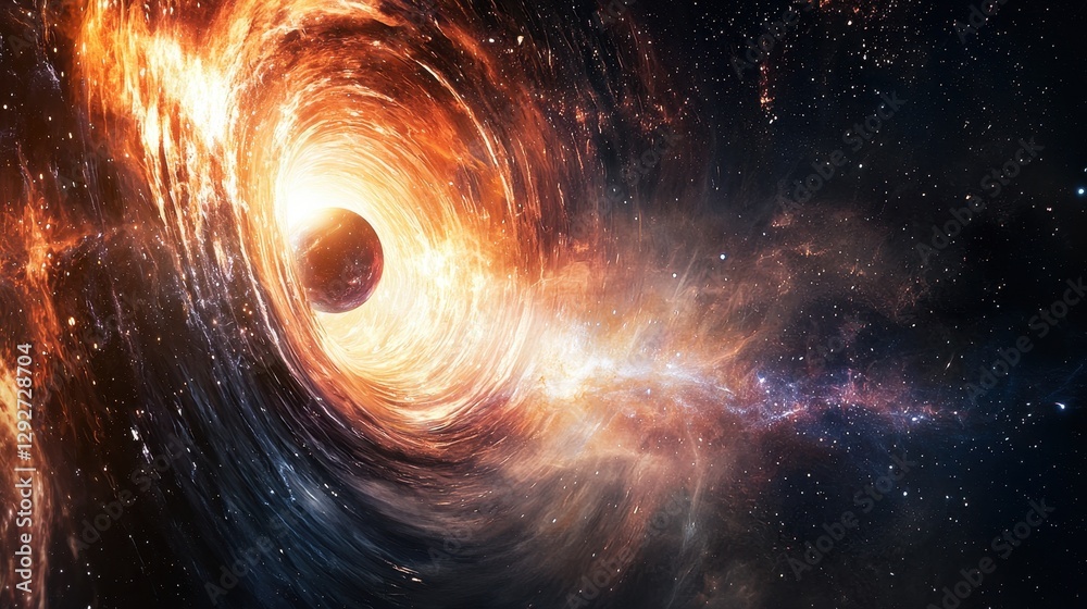 Obraz premium A cosmic energy storm bends planetary orbits forming surreal waves of gravitational light