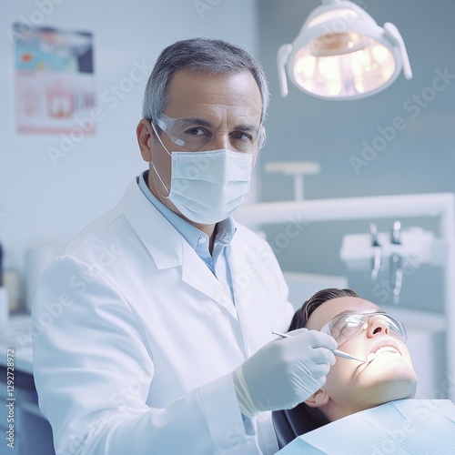 Dentist examining patient's teeth with dental tools, both wearing protective eyewear and masks in a sterile clinic setting.