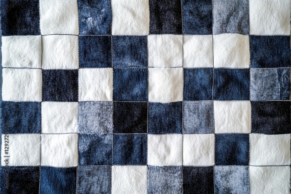 The floor mat features a patchwork of white and dark blue textures The floor mat features a patchwork of white and dark blue textures