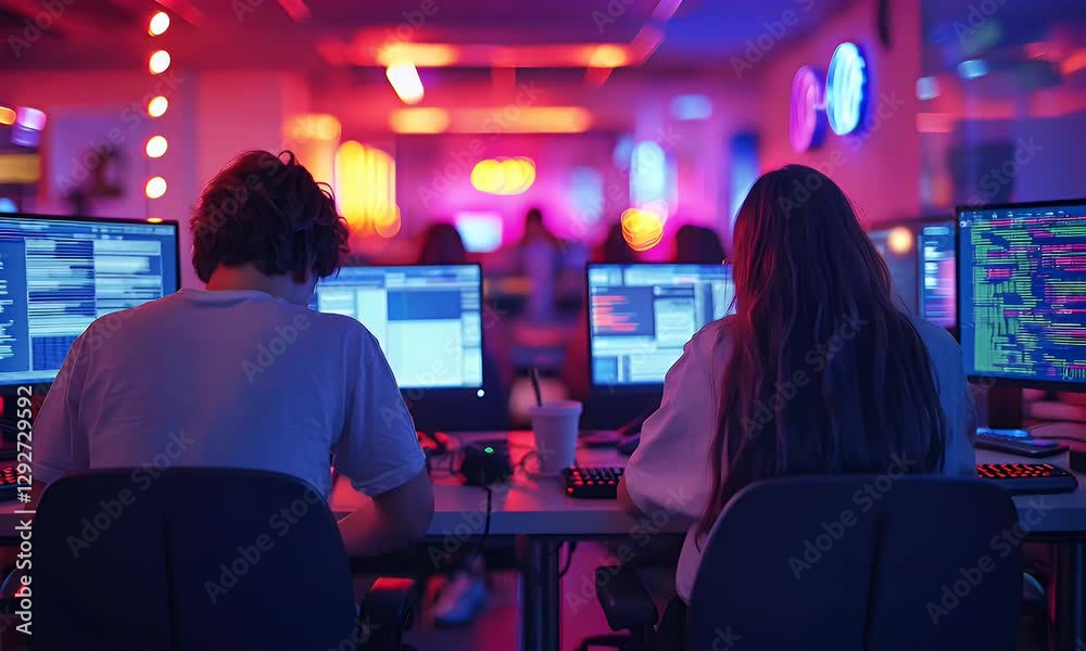 Teens coding, vibrant office, night, teamwork Teens coding, vibrant office, night, teamwork