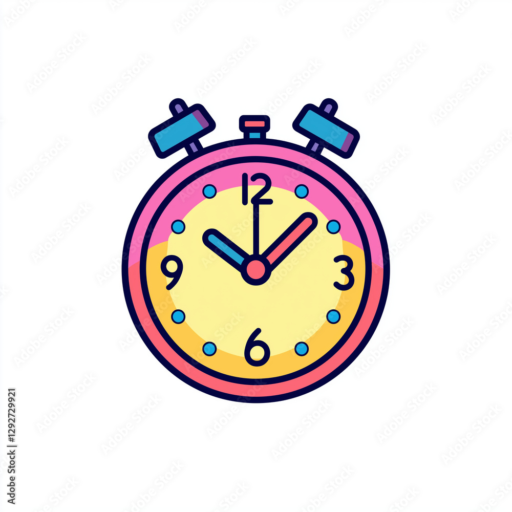 Colorful cartoon stopwatch with pink, yellow, and blue design, showing time at 12:05, isolated on white background Colorful cartoon stopwatch with pink, yellow, and blue design, showing time at 12:05, isolated on white background