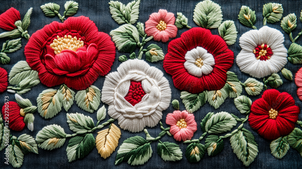 custom made wallpaper toronto digitalBeautiful floral embroidery on denim fabric, showcasing colorful flowers stitched with precision.