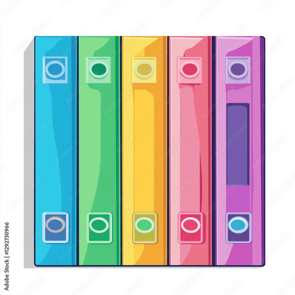 Set of five pastel-colored office binders in green, yellow, pink, blue, and purple, symbolizing organized document storage and school supplies Set of five pastel-colored office binders in green, yellow, pink, blue, and purple, symbolizing organized document storage and school supplies