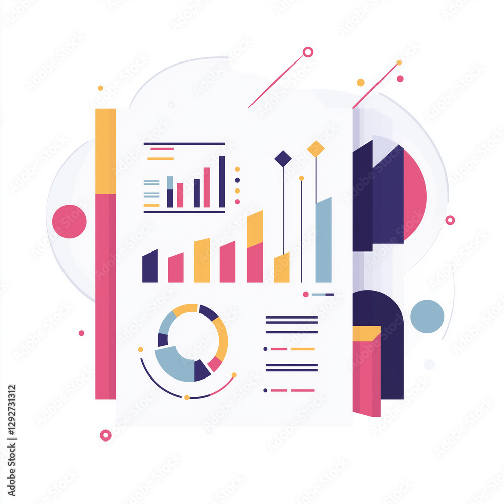 Fototapeta premium Modern business report with vibrant bar graphs, pie charts, and statistical data, representing project evaluation and performance analysis