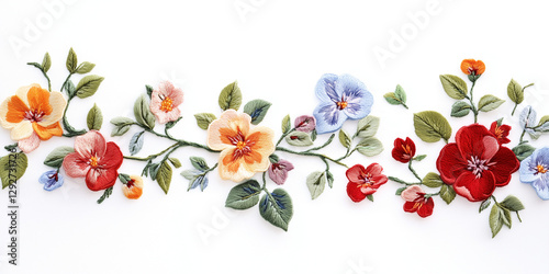  A delicate border of colorful embroidered flowers on a white background creates a beautiful and intricate botanical scene.