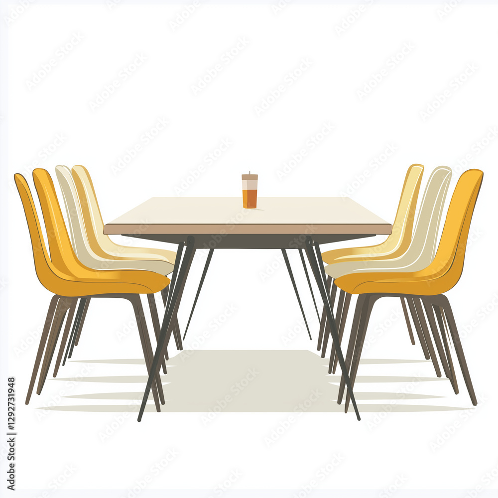 Fototapeta premium Minimalist conference room table with yellow chairs and a coffee cup, symbolizing casual meetings and collaborative discussions