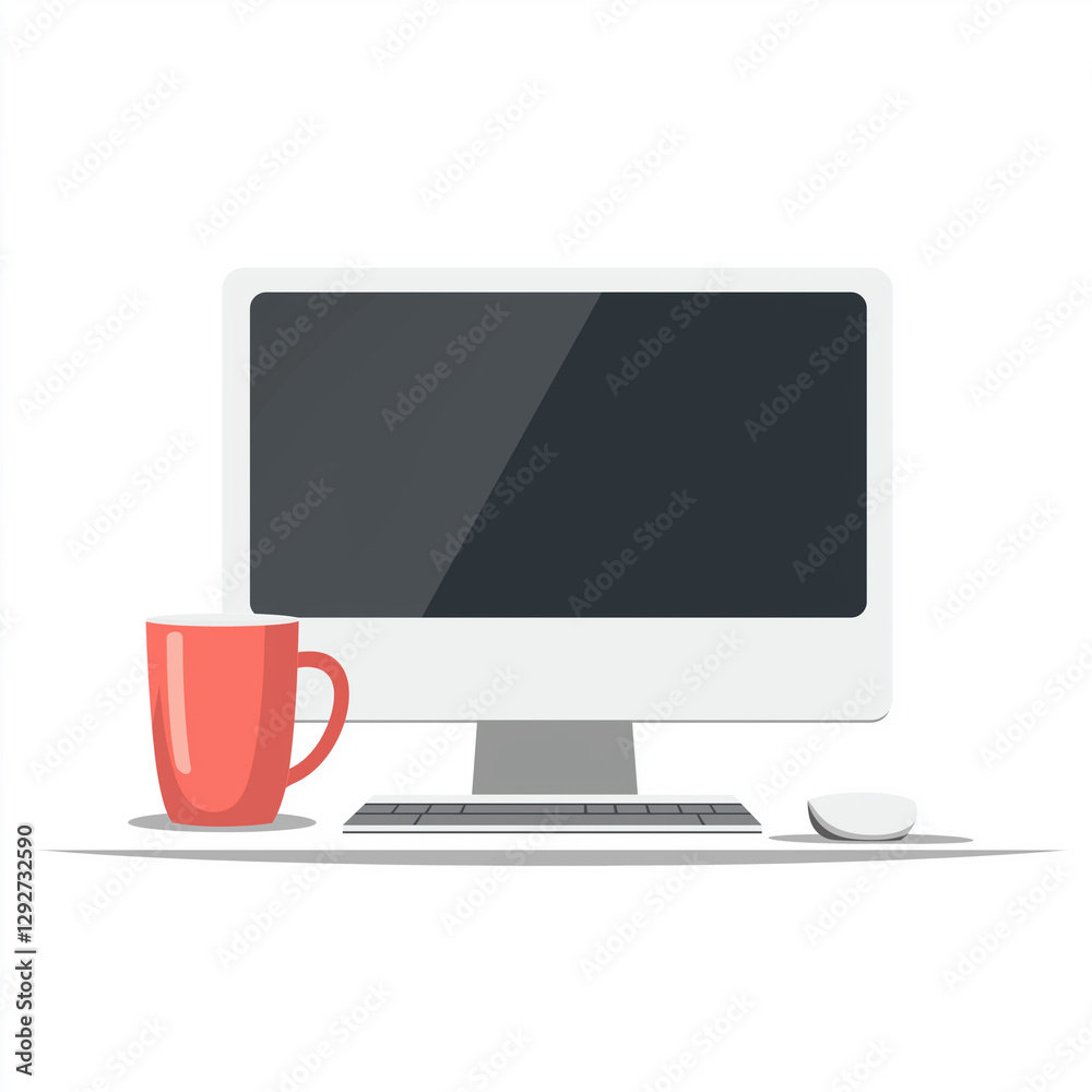 Minimalist workspace with a desktop computer, red coffee mug, and mouse on a clean white desk Minimalist workspace with a desktop computer, red coffee mug, and mouse on a clean white desk