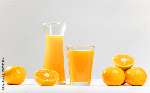 Orange juice with orange sacs and slices fruits on white background. photo