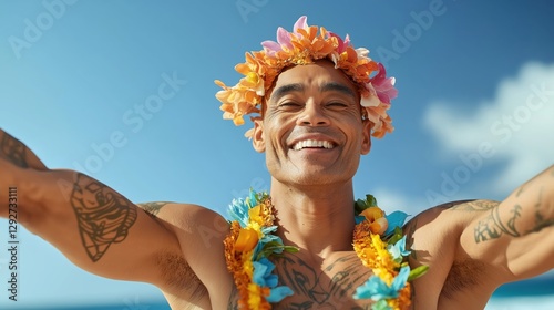 Portrait of happy hawaiian man wearing traditional clothing enjoying summer vacation at the beach