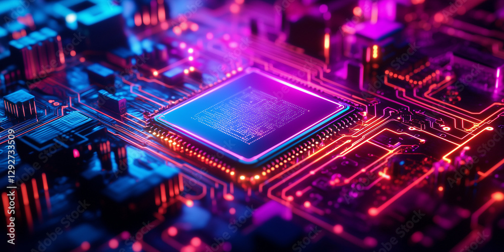 Central square chip on a circuit board glows with orange light. Detailed circuitry visible on the dark surface. Central square chip on a circuit board glows with orange light. Detailed circuitry visible on the dark surface.