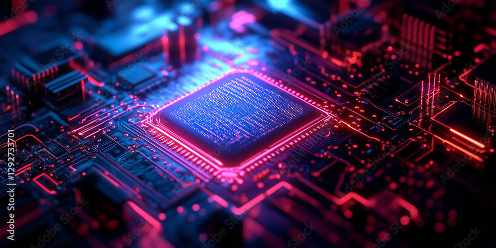 Obraz premium Central square chip on a circuit board glows with pink light. Detailed circuitry visible on the dark surface. Neon effect.