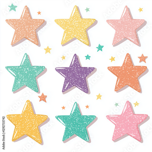 Set of pastel glitter stars in yellow, pink, teal, and orange, perfect for crafting, decorations, and festive celebrations