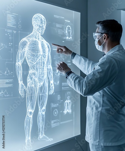 Doctor analyzing human body scan on a large digital screen