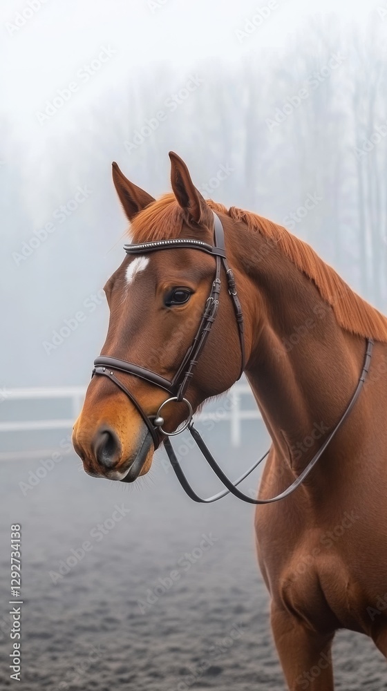 Obraz premium Chestnut horse with bridle standing in misty field, calm expression. Equestrian elegance and serene nature concept