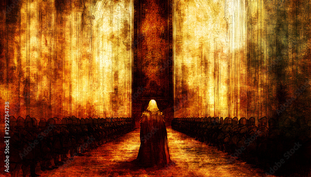Fototapeta premium A hooded figure stands before a vast army within a decaying, ancient hall; a dramatic, textured artwork depicting power and mystery.