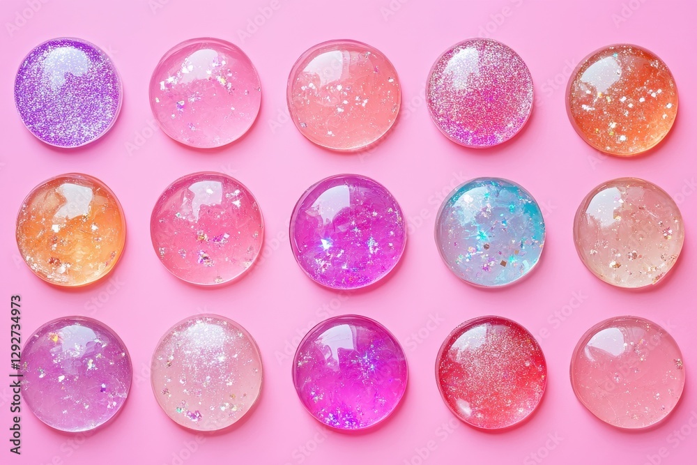 Top view of pink background with epoxy pendants molds and sparkles for crafting Top view of pink background with epoxy pendants molds and sparkles for crafting