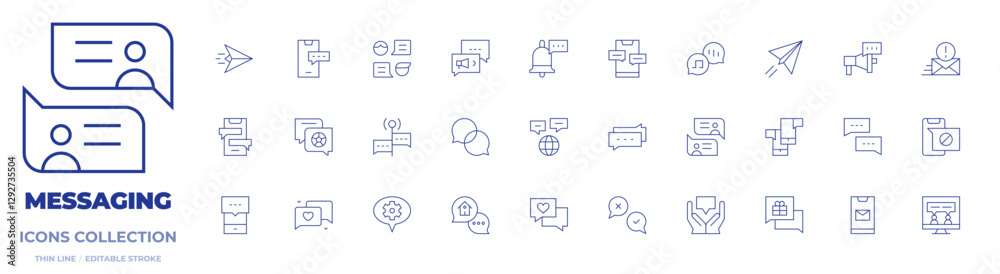 Messaging icons collection. Thin Line icons, editable stroke. speech bubbles, chat, communication, mail, conversation, paper plane, megaphone, smartphone Messaging icons collection. Thin Line icons, editable stroke. speech bubbles, chat, communication, mail, conversation, paper plane, megaphone, smartphone