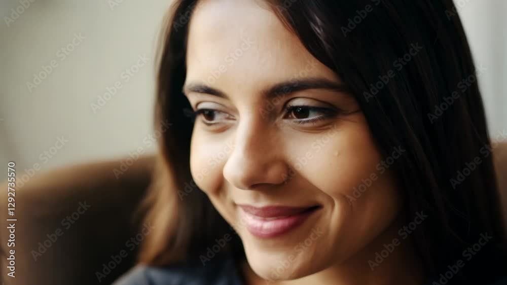 Psychological portrait of a peaceful young Caucasian woman at home. A tranquil young woman reflects peace and quiet in her cozy and warm home. Psychological portrait of a peaceful young Caucasian woman at home. A tranquil young woman reflects peace and quiet in her cozy and warm home.