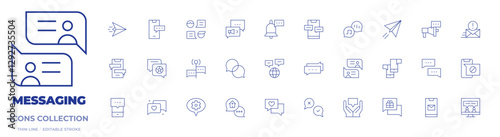 Messaging icons collection. Thin Line icons, editable stroke. speech bubbles, chat, communication, mail, conversation, paper plane, megaphone, smartphone