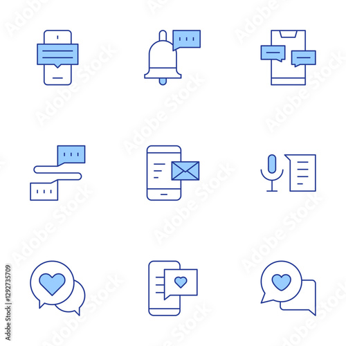 Messaging icons set. Line Duotone style, editable stroke. smartphone, emails, speech, chat, communication, dating app, notification