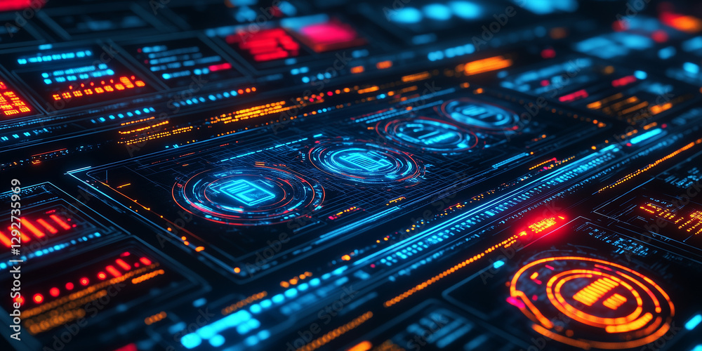 Obraz premium Futuristic digital interface with glowing orange elements and intricate details. Close-up view of a control panel with buttons and displays.