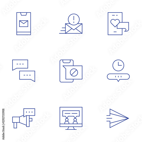 Messaging icons set. Thin Line style, editable stroke. love, timer, send, mail, chat, megaphone, smartphone, chatting