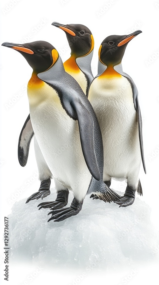 Fototapeta premium Three penguins standing on a snowy surface, showcasing their distinctive features.