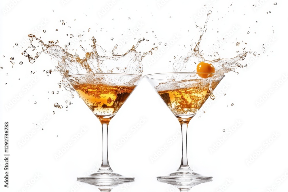 Two martini glasses with large splashes Drinks on a white backdrop Splash Design template with placeholder text Two martini glasses with large splashes Drinks on a white backdrop Splash Design template with placeholder text
