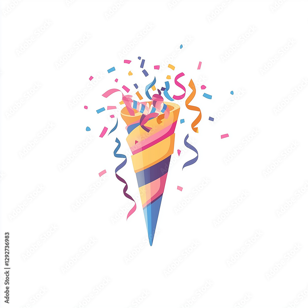 Fototapeta premium Striped party horn with confetti and streamers bursting out, isolated on white background. Perfect for celebrations, birthdays, and festive events