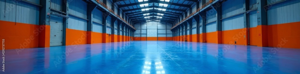 Obraz premium High-bay warehouse, striking blue epoxy floor, warm orange light accents, interior design, logistics