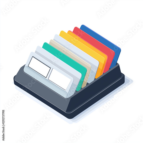 Colorful Rolodex-style business card organizer, isolated on white background. Perfect for office, networking, and contact management