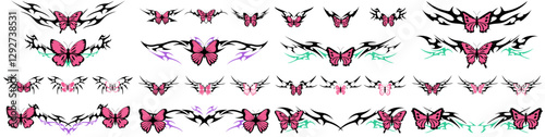 butterfly with Neo tribal y2k gothic style tattoo Cyber sigilism spikes and sparks for streetwear print designs, spiky y2k aesthetic vector set