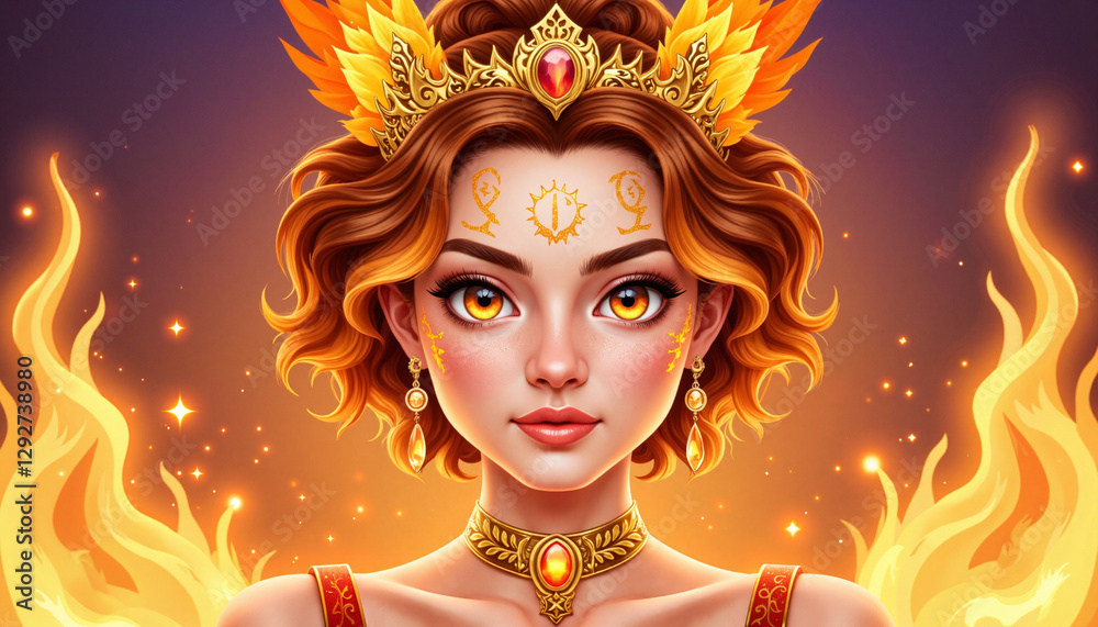 Obraz premium Enchanting woman with fiery crown against glowing background