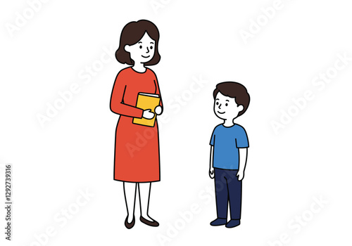 Teacher student clipart. A teacher in a red dress holding a book stands next to a student in a blue shirt and dark pants. Vector illustration design.