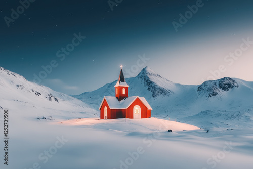 Illuminated red church in snowy mountains under a soft twilight sky