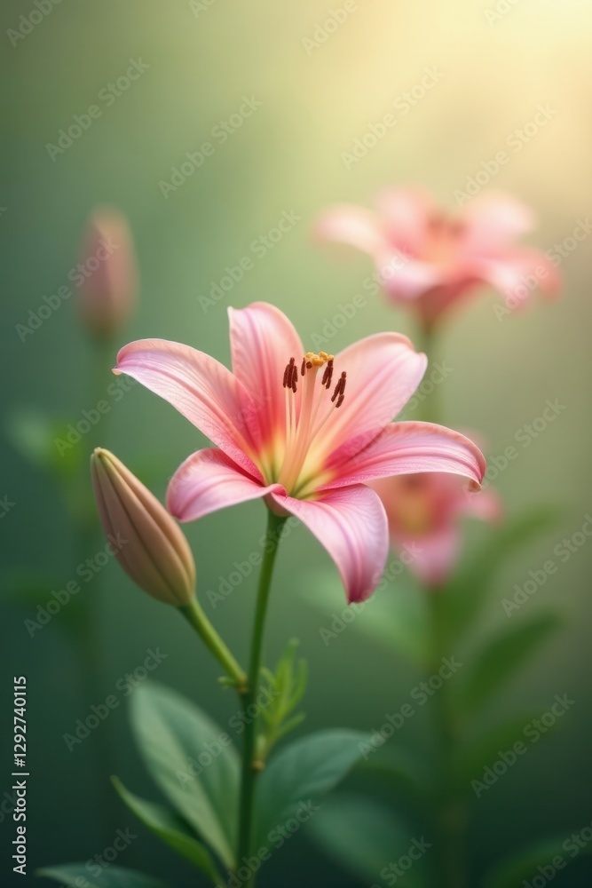 A Delicate Pink Lily in Bloom, Softly Illuminated by Sunlight, Surrounded by Other Buds and Flowers in a Garden Setting A Delicate Pink Lily in Bloom, Softly Illuminated by Sunlight, Surrounded by Other Buds and Flowers in a Garden Setting