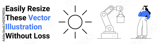 Minimalist robotic arm, geometric sun, and a woman pondering. Ideal for technology, innovation, design, energy, engineering creativity and modernity concepts. Perfect for a flat landing page banner