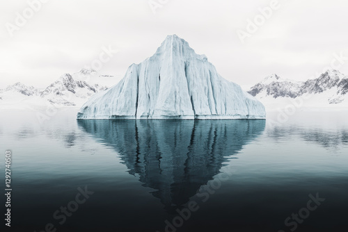 Massive iceberg floating on still Arctic waters reflecting the sky