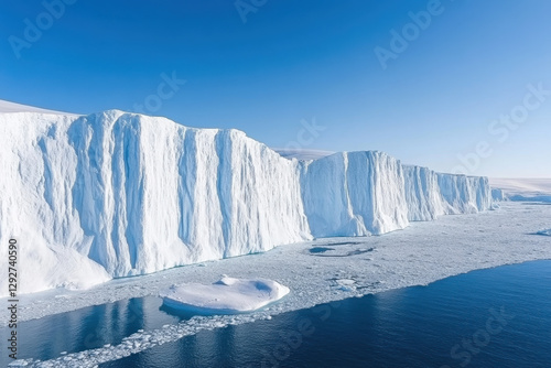 Expansive Arctic iceberg wall floating on icy waters under a clear blue sky