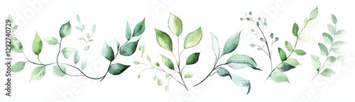 Watercolor Greenery Horizontal Composition of Botanical Leaves, Floral Design, Greenery Illustration, Spring Decor Watercolor, Botanical Illustration