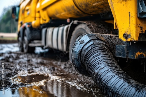 Vacuum truck draining home septic tank Rural sewage cleaning service Suction vehicle removing wastewater photo