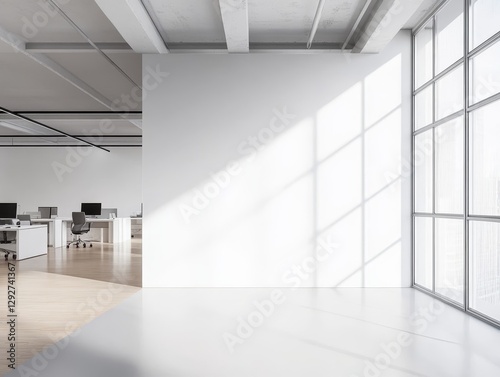Modern Office Space White Wall Mockup with Sunlight and Minimalist Design, Office Interior, Mockup Office Design, Workspace