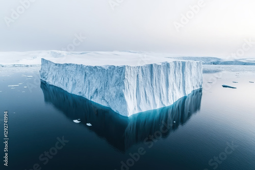 Massive flat-topped iceberg floating in Arctic waters with deep reflections
