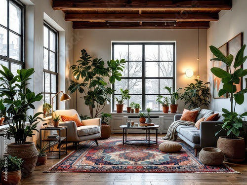 Cozy bohemian living room with lush indoor plants, vintage furniture, warm lighting, and eclectic decor, ideal for home design, interior styling, relaxation, and hygge lifestyle. photo