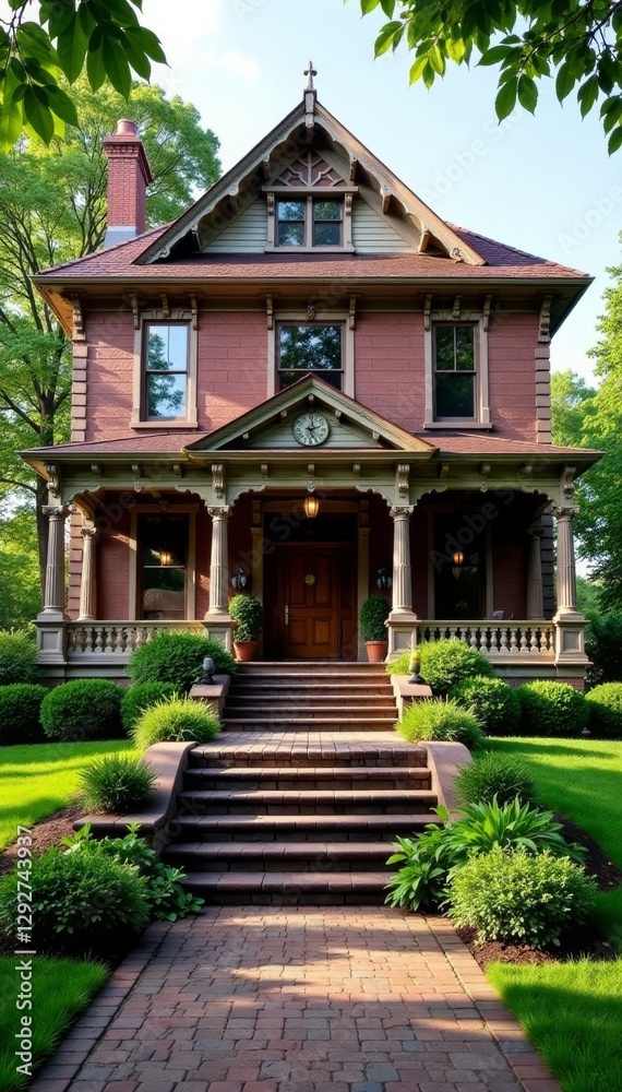 Fototapeta premium Grand Victorian home, front steps leading to entryway, entrance, architecture, wood