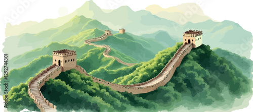 Scenic Illustration of the Great Wall of China Winding Through Green Mountains