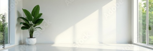 White wall, large green plant in corner Bright, spacious lobby , serene, lobby, minimalist photo