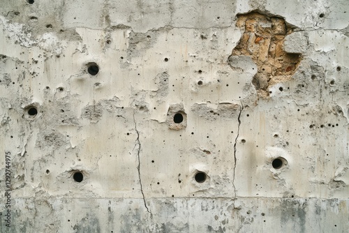 War s wounds shrapnel and bullet damage on a concrete wall