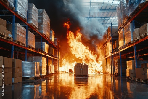 Warehouse blaze Fire suppression gear Burning shelves of boxes Water hydrant Warehouse security Factory firefighting tools Campfire by storage