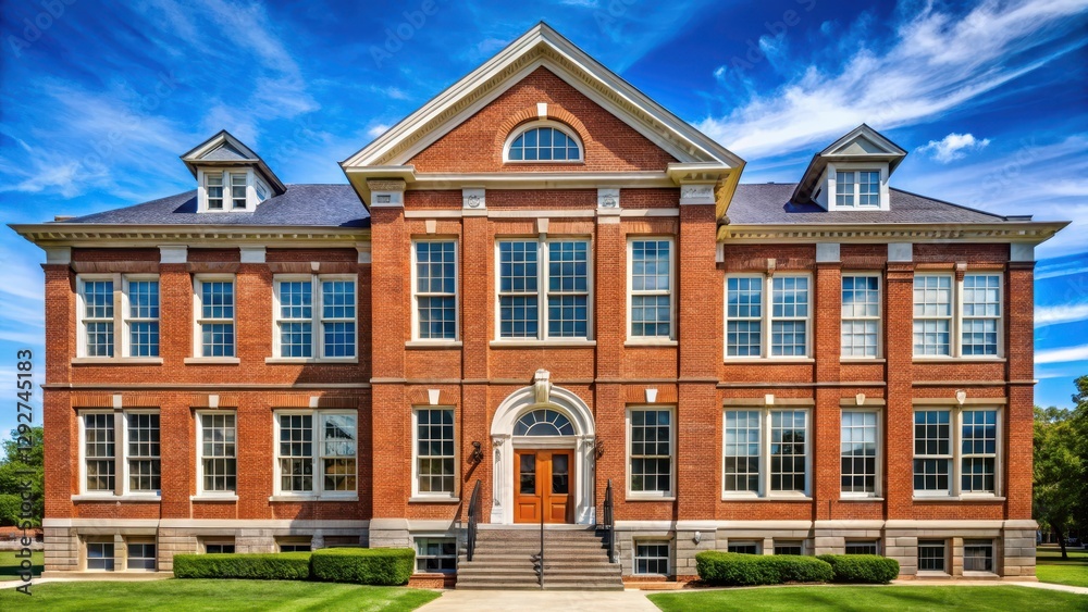 Fototapeta premium Historic American School Building with Brick Facade and Multi-Window Architecture, traditional school designs, historic schools